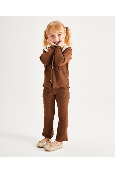 Pinkitokids Collar Embroidery Detailed Knitwear Girl's Cardigan and Leggings Set-Brown