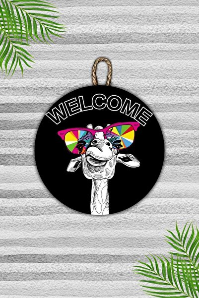 Dormot Сучасна дерев'яна прикраса для дверей - чорний фон Welcome Окуляри Лама Прикраса для дверей - зовнішня прикраса для дверей