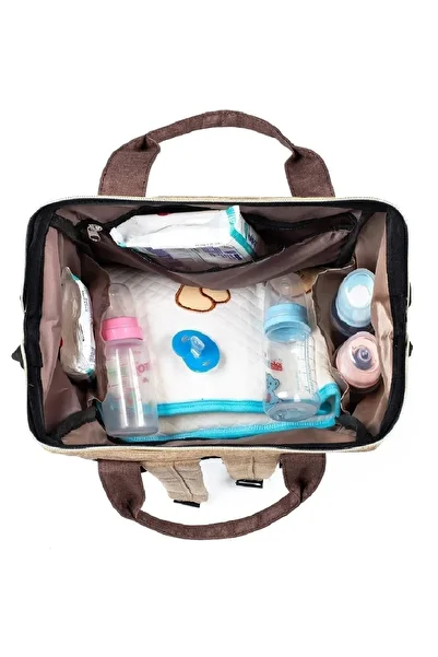 Yerli Black Smoked Striped Mother Baby Care Backpack with Bottle Thermos and Liquid-Proof Stroller Hanger