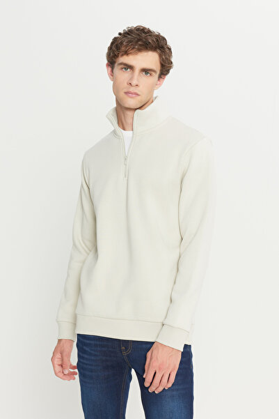 AC&Co / Altınyıldız Classics Erkek Bej İçi Polarlı Standart Fit Normal Kesim Fermuarlı Dik Bato Yaka Pamuklu Sweatshirt