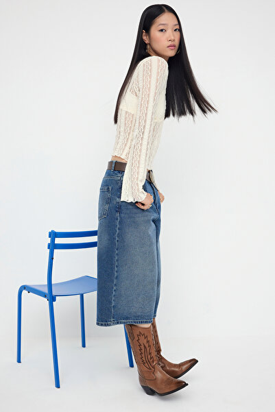 Trendyol Collection Ecru Y-Neck Textured Bell Sleeve Knitted Blouse Twoaw26Bz00082