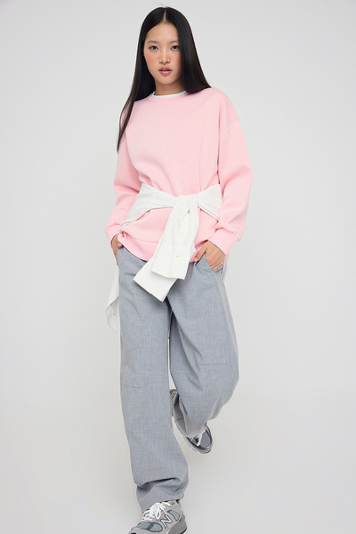 Trendyol Collection Light Pink Color Block Oversize/Wide Fit Thick Knitted Sweatshirt Twoaw26Sw00025