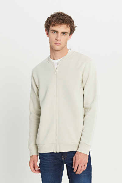 AC&Co / Altınyıldız Classics Erkek Bej Standart Fit Içi Polarlı 3 Iplik Fermuarlı Kolej Yaka Pamuklu Sweatshirt Ceket