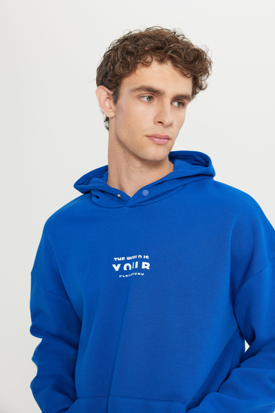 AC&Co / Altınyıldız Classics Erkek Mavi Oversize Fit Bol Kesim Kapüşonlu Içi Polarlı 3 Iplik Pamuklu Sweatshirt
