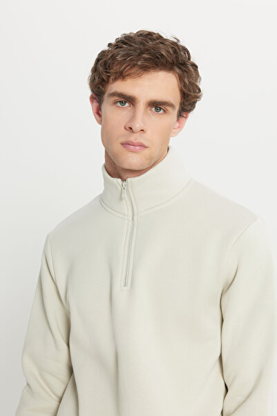 AC&Co / Altınyıldız Classics Erkek Bej İçi Polarlı Standart Fit Normal Kesim Fermuarlı Dik Bato Yaka Pamuklu Sweatshirt