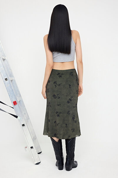 Trendyol Collection Khaki Floral Printed Bodycon Tulle Stretchy Knitted Skirt Twoaw26Et00036