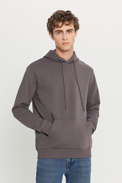 AC&Co / Altınyıldız Classics Erkek Koyu Gri Standart Fit Içi Polarlı 3 Iplik Kapüşonlu Kanguru Cepli Pamuklu Sweatshirt