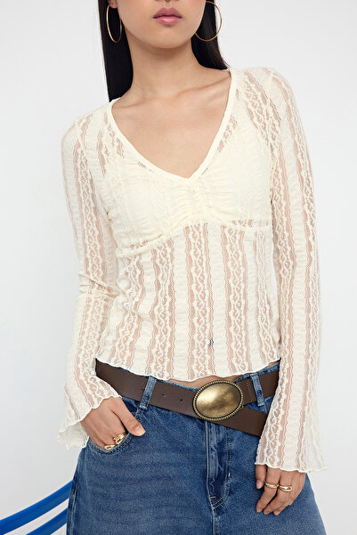 Trendyol Collection Ecru Y-Neck Textured Bell Sleeve Knitted Blouse Twoaw26Bz00082