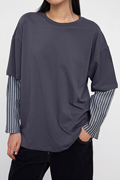 Trendyol Collection Anthracite Woven Garni Λεπτομερές Oversize/Wide Fit Μακρυμάνικο Πλεκτό T-Shirt TWOAW26TS00003
