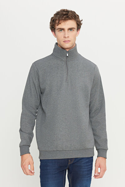 AC&Co / Altınyıldız Classics Erkek Antrasit-melanj Standart Fit Içi Polarlı Fermuarlı Dik Bato Yaka Pamuklu Sweatshirt