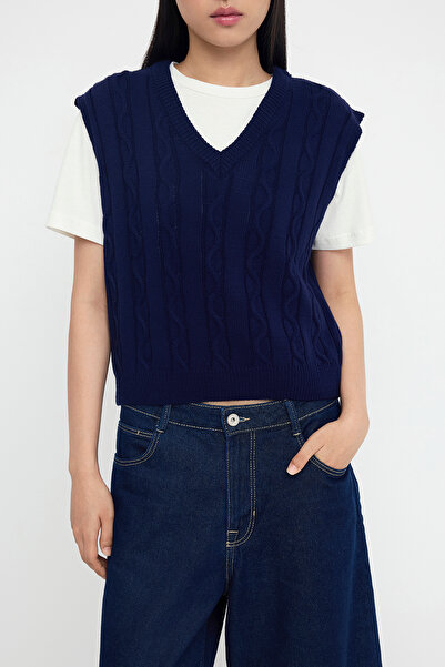 Trendyol Collection Teen Navy Blue 2-Piece T-Shirt Hair Knitwear Sweater Twoaw26Kz00131