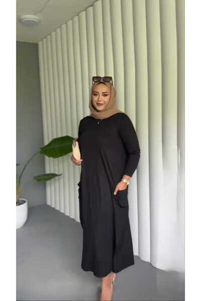 KLEERMAKER Women's Plus Size Cotton Viscose Fabric Long Sleeve Pocket Solid Black Dress