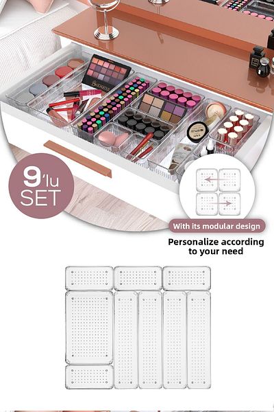 Vienev 9-Pack Clear Organizer - In-Drawer Organizer, 4X(D.Dkdrtgn,K.Dkdrtgn) 1X(O.Dkdrtgn)