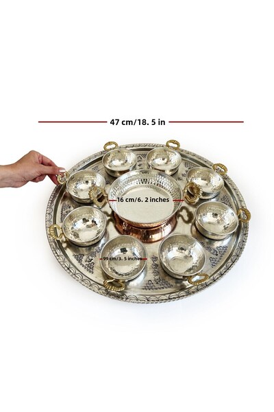 Shark Anatolia Breakfast Presentation Set with Tray, Copper Sahan 16 cm Thick Base 8 Pieces Copper Bowl with Handles