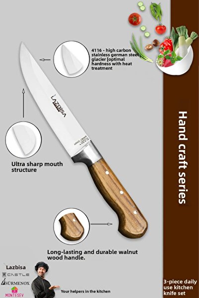LAZBİSA Hand Craft Pro Series Kitchen Knife Set 9 Pieces Meat Bread Vegetable Salad Dumpling Knife (Mfp-386)
