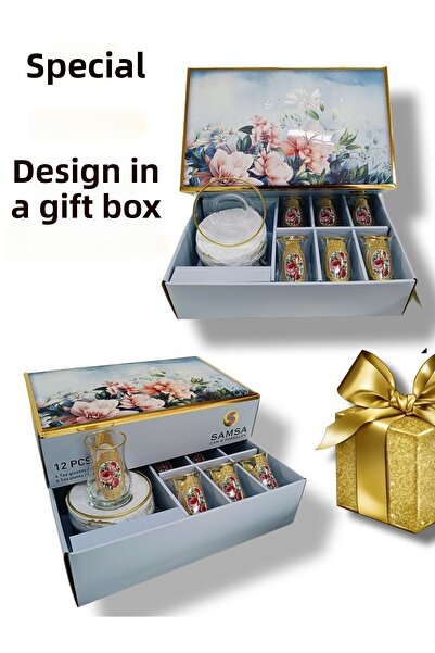 SAMSA طقم شاي زجاجي بنمط وردة حنين ذهبية اللون يتسع لـ 6 أشخاص