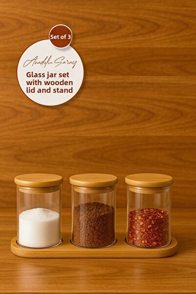 Anadolu Saray 3-Piece Wooden Vacuum Sealed Glass Spice Rack Set with Lid and Wooden Stand Spice Rack Sauce Bowl Jam Bowl