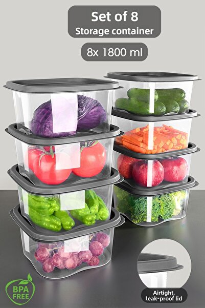 Meleni Home 1800ml Anthracite 8 Pieces Square Food Storage Container - Microwave Deep Freezer