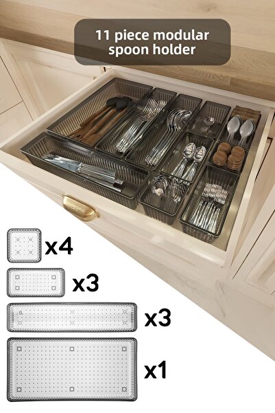 Meleni Home Комплект модулни държачи за лъжици, 11 части, антрацитен - регулируемо кухненско чекмедже и органайзер