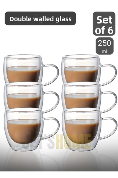 Jet's Home Set of 6 Cappuccino and Latte Glasses with Handles - Double Walled...