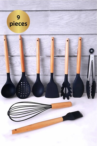 ÖzSa Home 9 Piece Silicone Ladle Colander Spoon Brush Beater Bamboo Handle Kitchen Serving Set Set