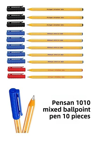 Pensan قلم حبر جاف مكتبي 1010 (أزرق 5 أسود 3 أحمر 2) 10 قطع