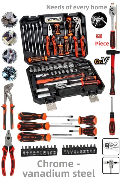 DewKA Germany Technology 58 Piece 72 Tooth Oblique Ratchet 1/2 Professional Socket Tool and Tool Set