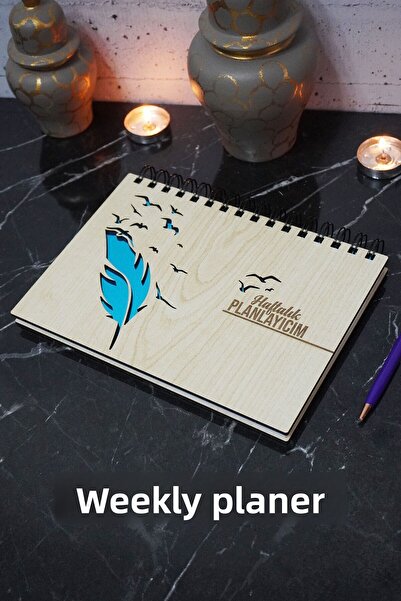 markcat دفتر الخطة الخشبي بتصميم ريشة الطيور - جدول زمني غير مؤقت - مخطط أسبو...