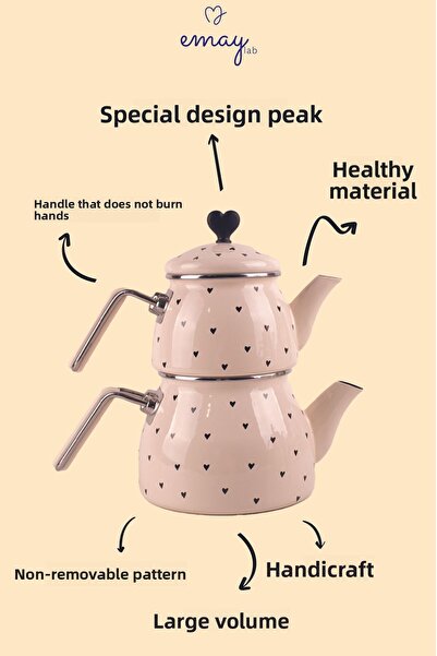 EMAYlab Cupid Black Heart Patterned Enamel Teapot Set - Special Zamak Tufted