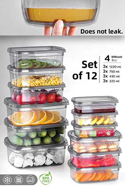 Meleni Home طقم تخزين مانع للتسرب بلون أنثراسايت مكون من 12 قطعة - حاوية طعام 3x(225-430-750-1220) مل منظم