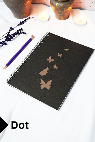 markcat دفتر ملاحظات A5 بغطاء كرافت أسود بطابع الفراشة - دفتر ملاحظات منقط - ...