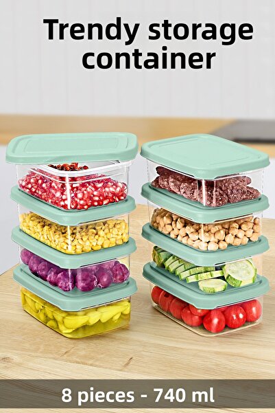 Meleni Home 740ml Green Microwavable Organizer Organizer - 8 Pcs Rectangular Food Storage Container
