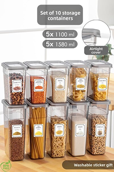 Meleni Home مجموعة تخزين طعام مكونة من 10 قطع - غطاء مانع للتسرب، صندوق بقولات مع ملصقات - 5x (1100 مل، 1580 مل)