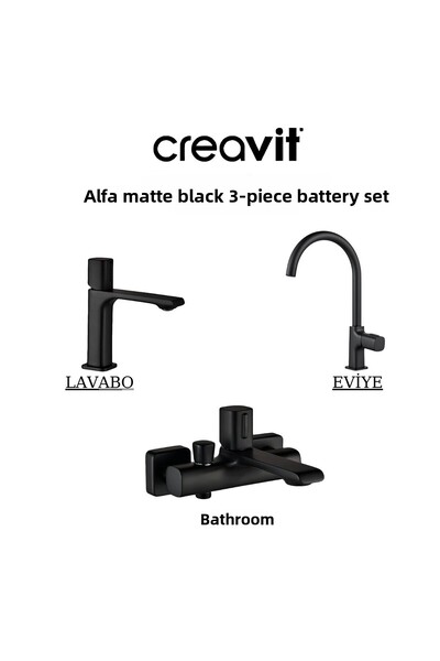 Creavit Alfa Matte Black Battery Set 3-Piece Bathroom-Washbasin-Sink