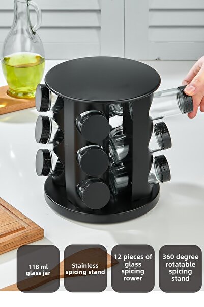 vipgross طقم توابل زجاجي مع قاعدة دوارة 360 درجة من الفولاذ المقاوم للصدأ - خبازة توابل مكونة من 12 قطعة - مستديرة سوداء مكونة من 12 قطعة