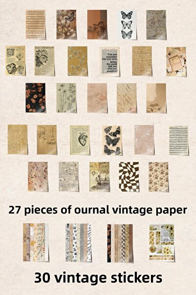 Postifull Vintage Journal Notebook Set, Vintage Notebook Set Soft, 27 Vintage Papers, 30 Vintage Stickers