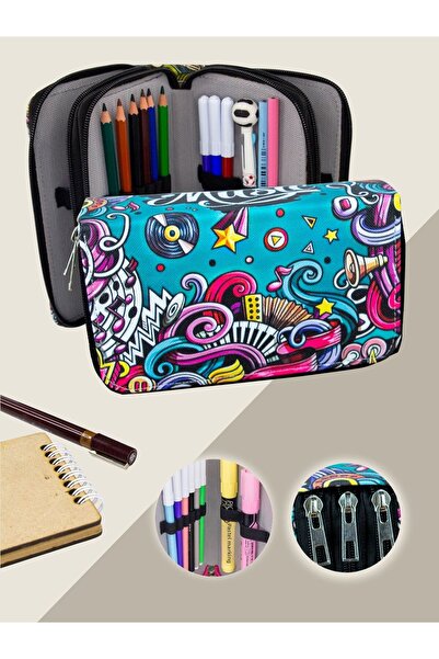 OneSize Husă pentru creion Muzică din piele vegană cu trei compartimente (suport pentru stilou)