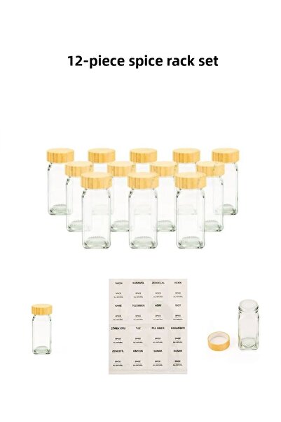 MİEN 12-Piece Glass Spice Rack Set / Bamboo Lid - 11 cm