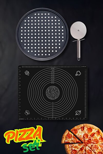 Ülgenev 3 Pieces Stainless Steel 32cm Pizza, Lahmacun, Pita Tray, Silicone Dough Mat and Cutter Roulette