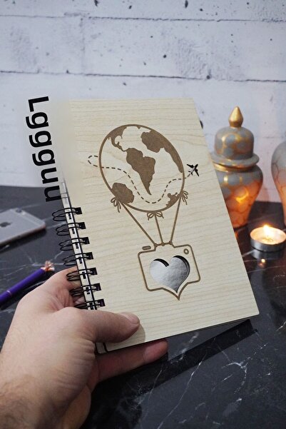 markcat Balloon Patterned World Wooden Notebook - Agenda and Daily Use - Unlined Notebook-a5-anı