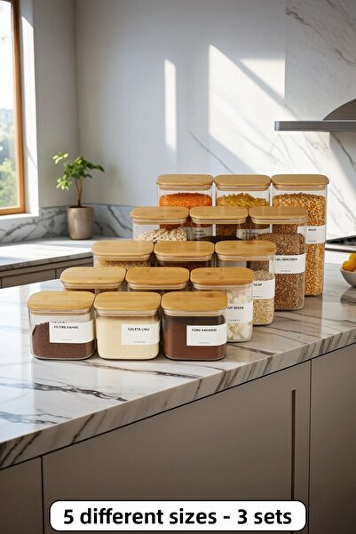 color house 3 Sets 5 Sizes Luxury Rectangular Vacuum Bamboo Lid Borosilicate Glass Pulses Storage Jar - B02