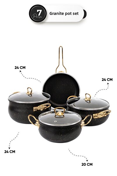 Skygo 7 Piece Black Granite Gold Handle Pot Set – Gold Metal Handle, 24 cm