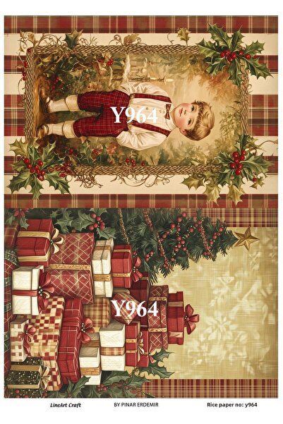 LİNEART Y964 New Year Series, Pine Tree, Gift Package Patterned Brass Decopag...