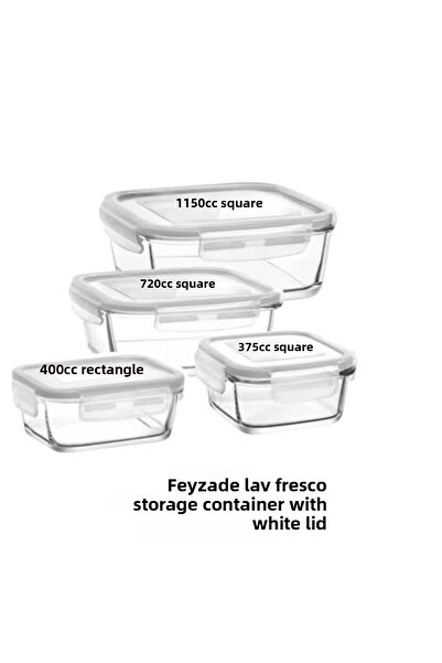 LAV Feyzade Fresco Locked Glass Storage Container Set White Lid 4 Pieces (1150Cc-720Cc-400Cc-375Cc)