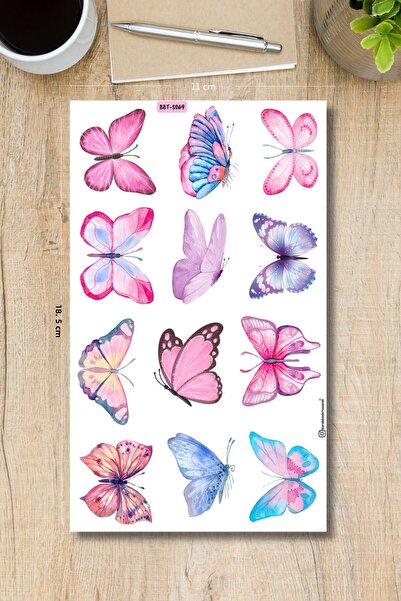 Burak Baskı Tasarım Pink Butterfly Pattern Sticker Sheet - Planner, Bullet Jo...