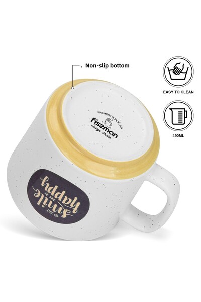 Fissman 2-Piece Printed Coffee Mug 490mL ''SMILE HAPPY'', Ceramic Coffee Mug with Handle