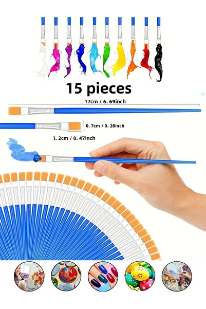 Artshop 15 Pcs Flat Tip Standard Painting Brush Acrylic, Oil. Watercolor, Gou...