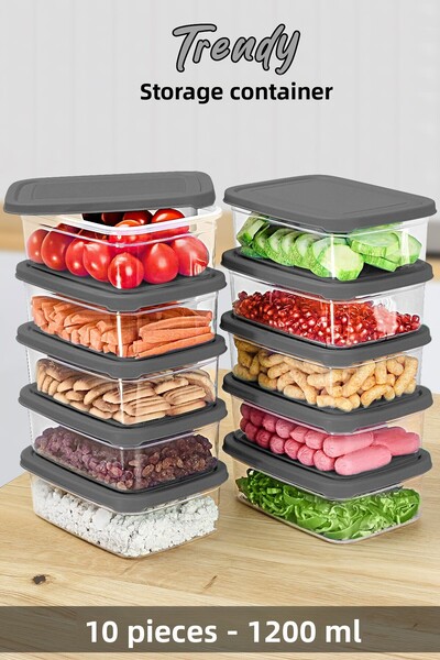 Meleni Home 1200ml Gray Microwavable Organizer Organizer - 10 Pcs Rectangular Food Storage Container