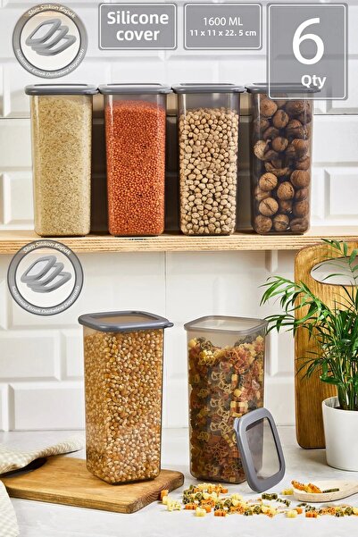 LUCKYHOMES 1600ml*6 Pieces Anthracite Food Container - with Leak Proof Silicone Transparent Lid