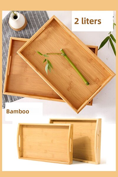 NEWNOW قطعتين من خشب الخيزران المستطيل مع مقبض، صينية تقديم فاخرة لخدمة الشاي والقهوة 33 سم و40 سم